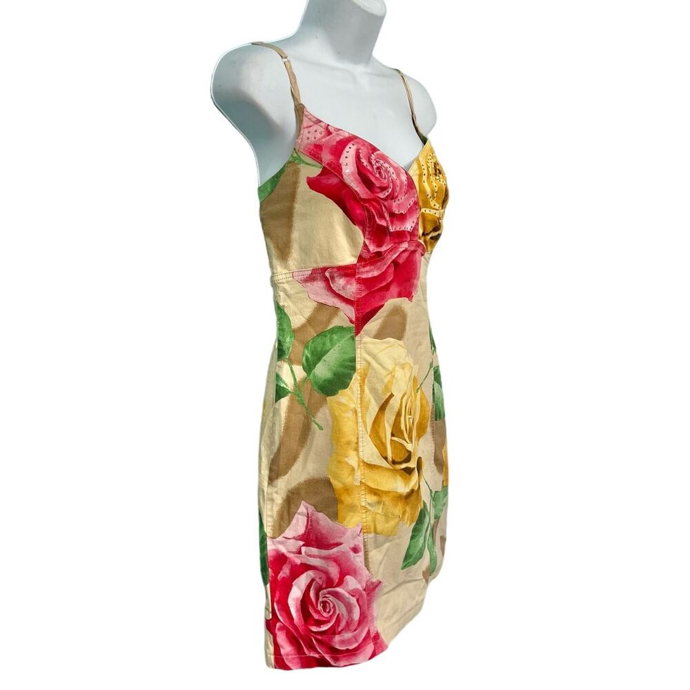 Y2K Pink Yellow Tan Floral Rhinestone Sleeveless Mini Dress 44 / M Angelo Marani - Picture 4 of 10